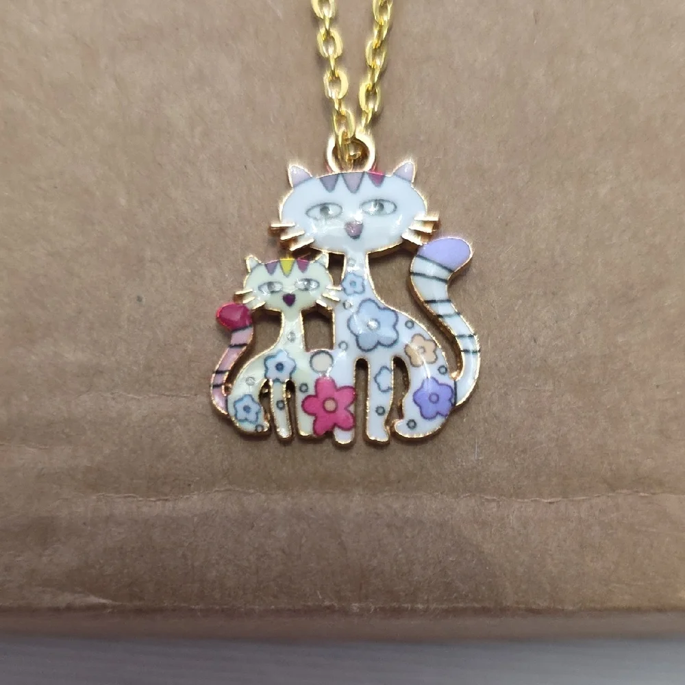 Floral Cat Pendant Necklace - Gold and Multicolor